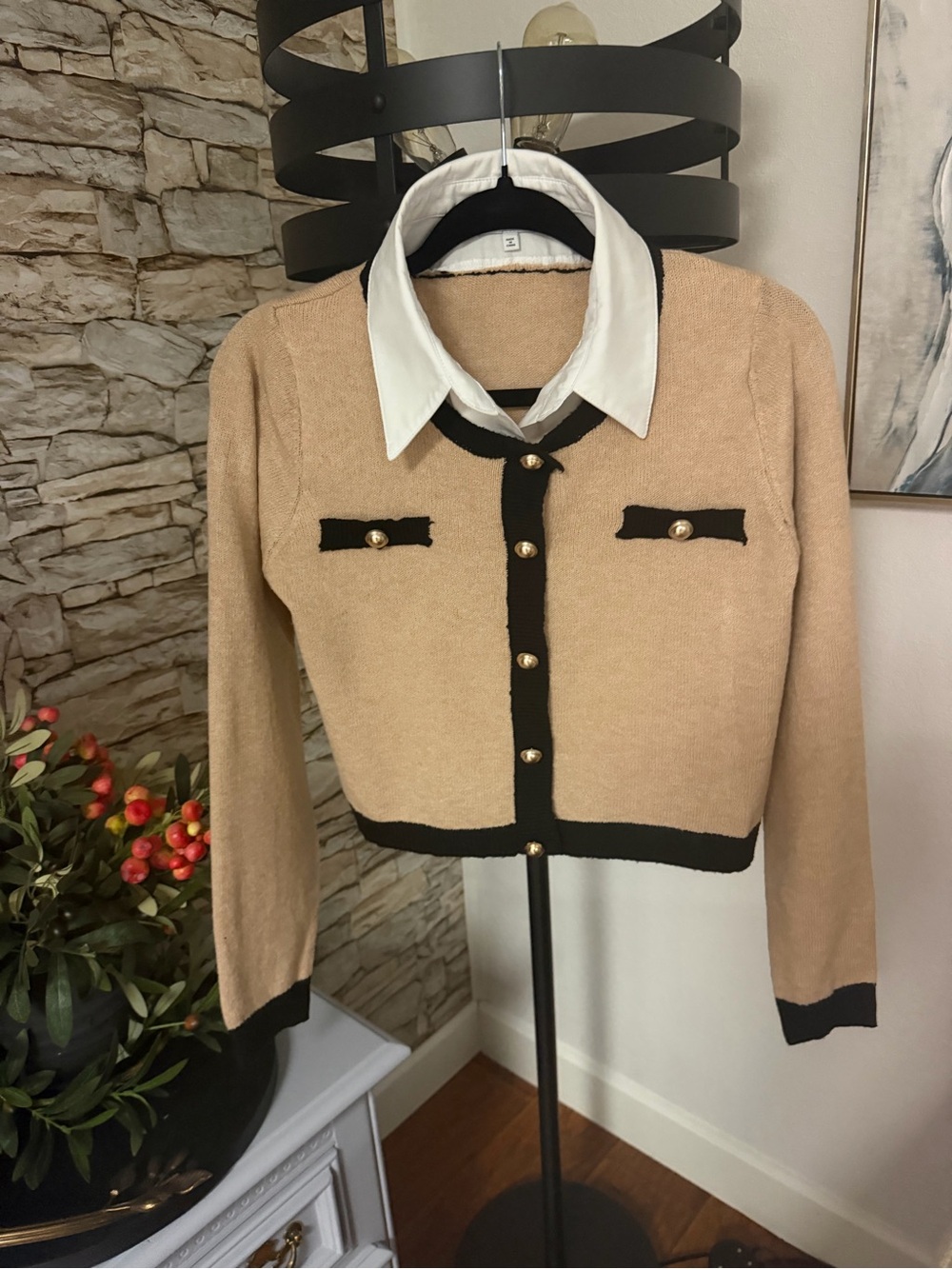 Fashion Nova Beige Cropped Blazer Cardigan with Black Trim